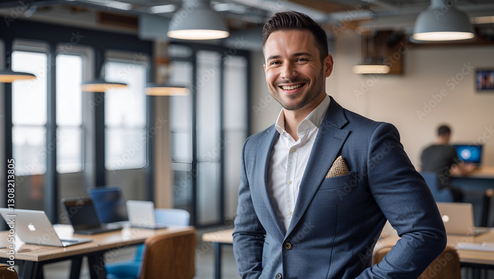 Obraz premium Businessman Confident male professional smiling in modern office - executive, success, corporate, career, leadership
