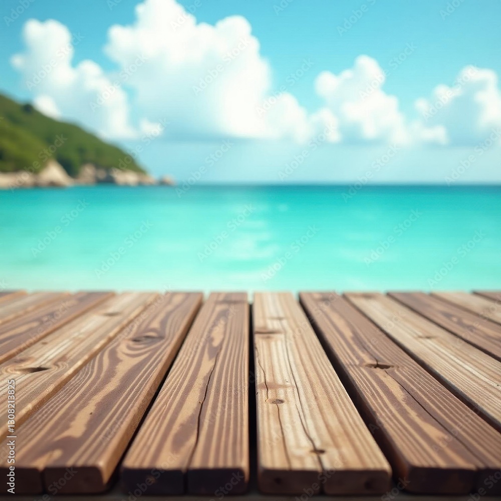 Fototapeta premium Weathered wooden planks, blurred ocean backdrop, copy, boardwalk, rustic