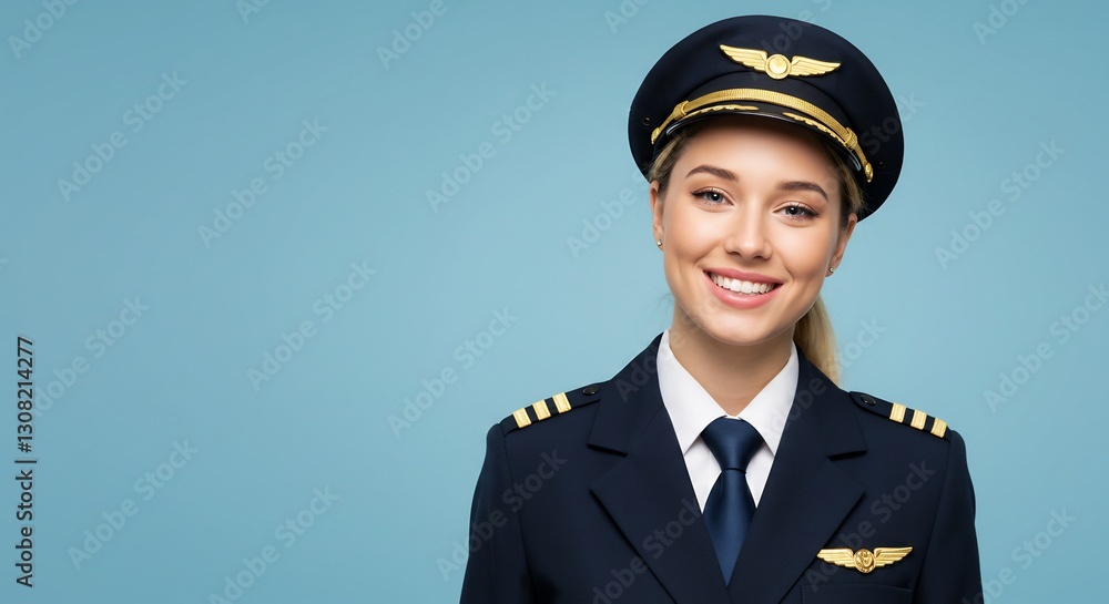 Smiling Pilot in Uniform Soft Blue Background. AI Generated Smiling Pilot in Uniform Soft Blue Background. AI Generated