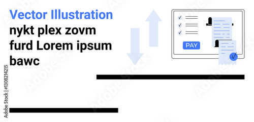 Digital payment screen featuring pay button, checklist, user profiles, receipt, and data transfer arrows. Ideal for e-commerce, finance, banking, transactions digital wallets technology abstract