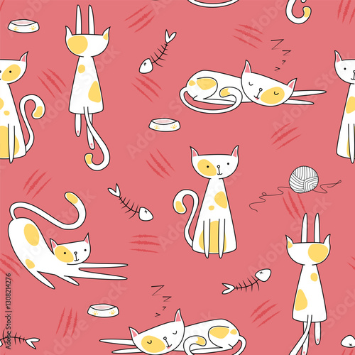 Cute cats seamless pattern vector illustration childish style for wrapping paper, t-shirt, printing, packaging, fabric, postcard, clothing and others