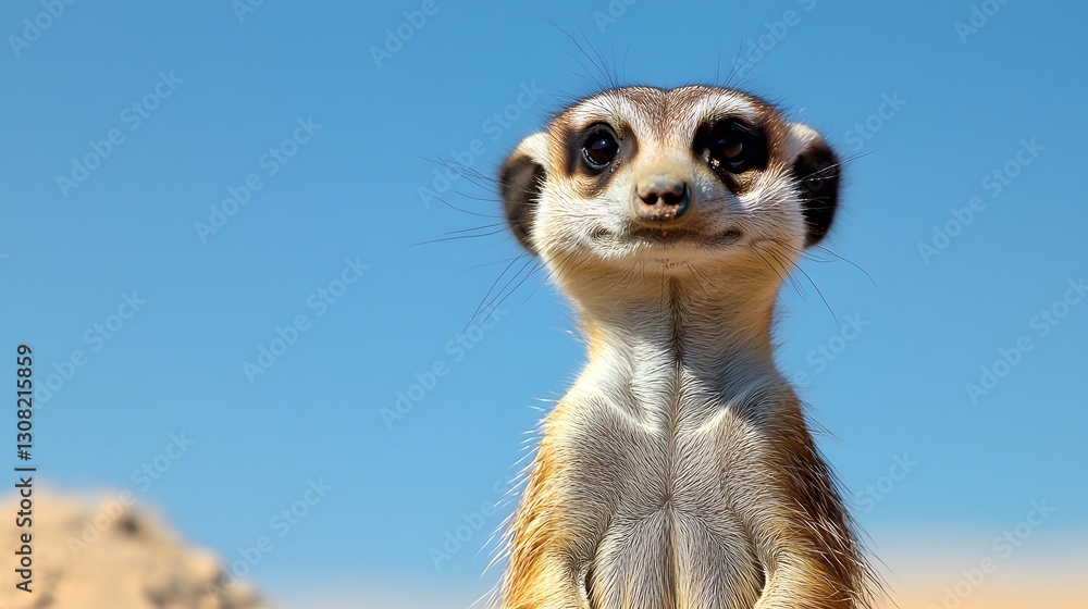 Fototapeta premium Close-up of a alert meerkat standing on its hind legs with an expressive face in a natural habitat setting