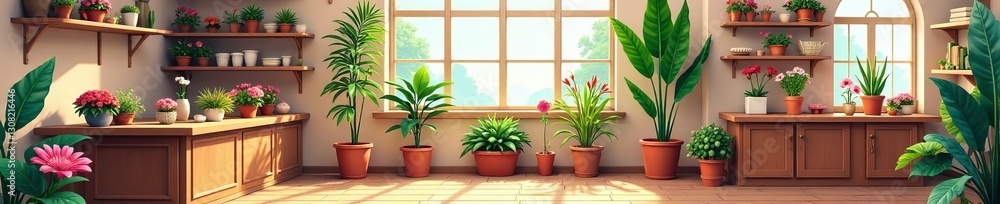 A cozy vector isometric flower shop with vibrant blooms and potted plants, gardening, bouquet A cozy vector isometric flower shop with vibrant blooms and potted plants, gardening, bouquet