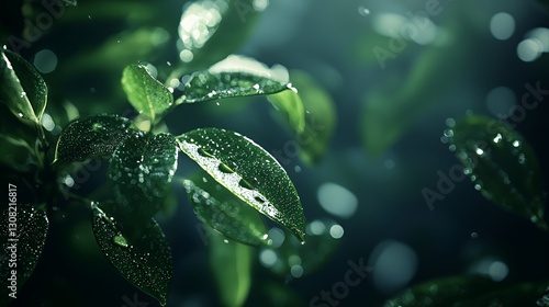 Closeup of Lush Green Leaves with Water Drops in Dark Background