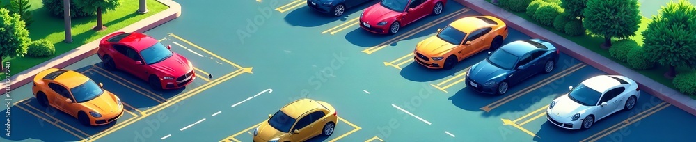 Obraz premium A spacious vector isometric car park with organized parking areas and directional signs, vehicles, organized
