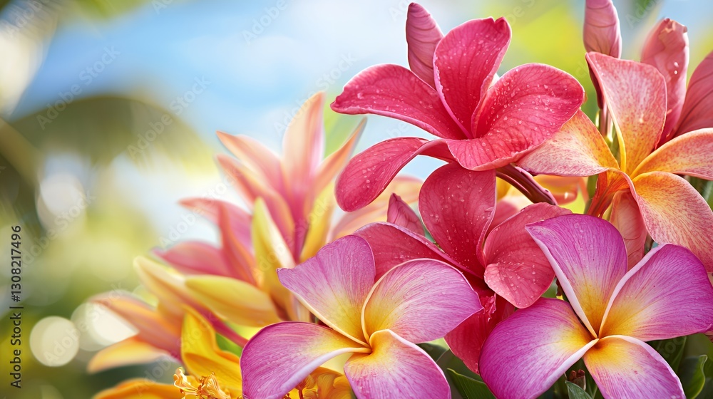 Closeup of Vibrant Pink and Yellow Tropical Flowers with Water Droplets