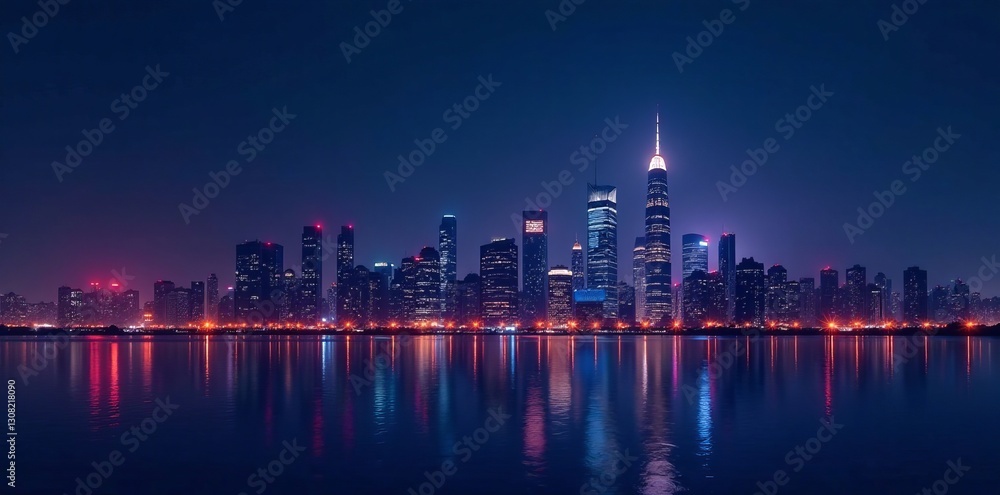 Fototapeta premium Abstract city skyline at night with glowing lights and skyscrapers, urban, city