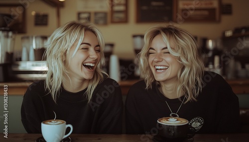 Two Blonde Women Laughing Together in a Coffee Shop