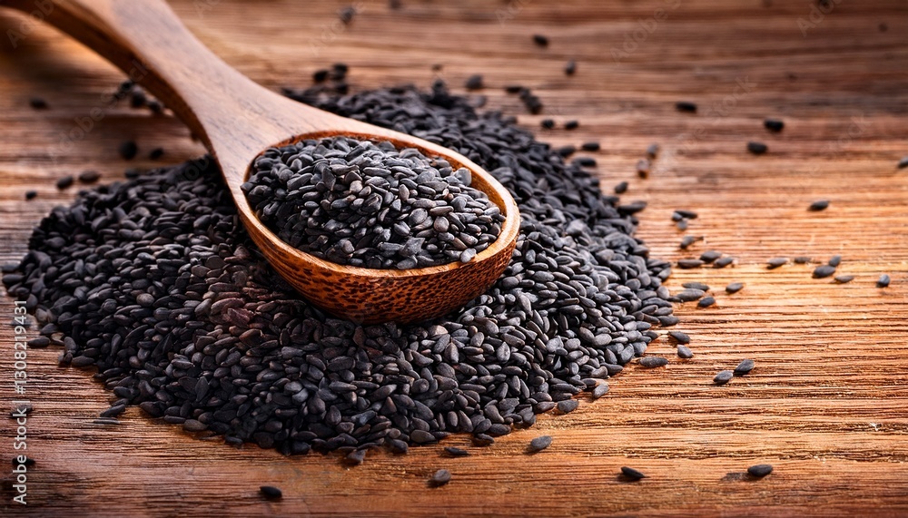 grains of black sesame in a wooden spoon in the wooden background grains of black sesame in a wooden spoon in the wooden background