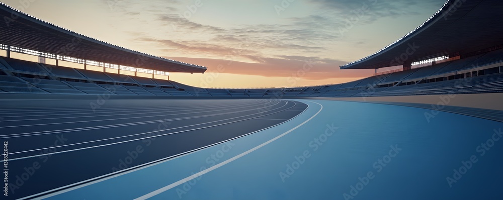 Fototapeta premium Empty stadium track glows beneath a warm sky at dusk