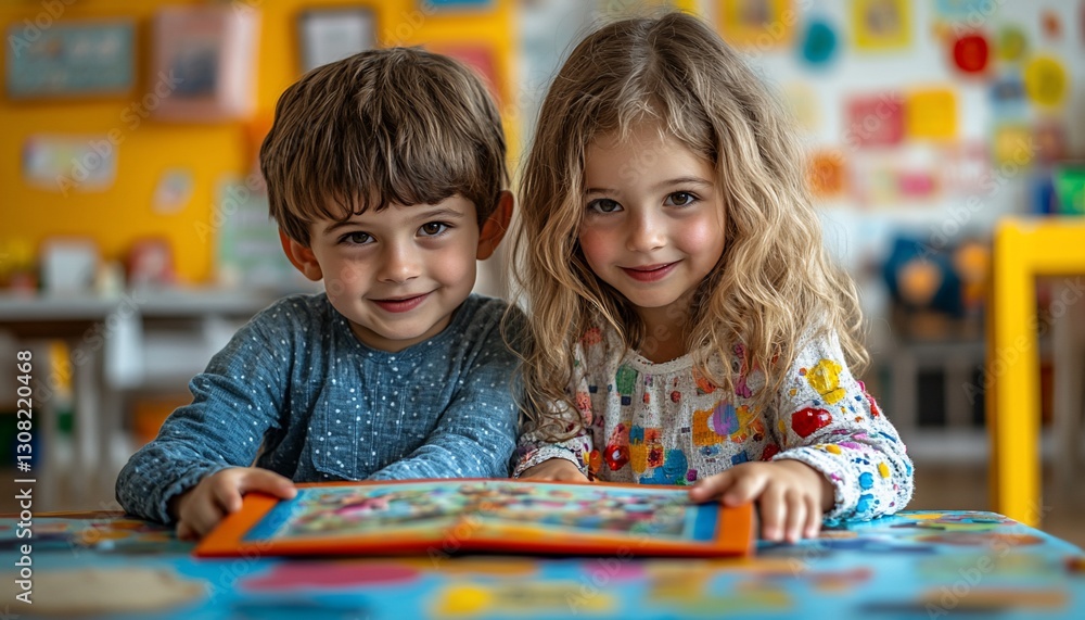 Fototapeta premium Two Young Children Reading a Book Together in a Classroom