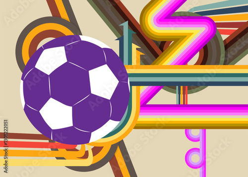 Retro 70s Background with Football Ball. Groovy Sport 1970s art template. Minimalistic Vintage design poster. Old-fashioned color artwork.