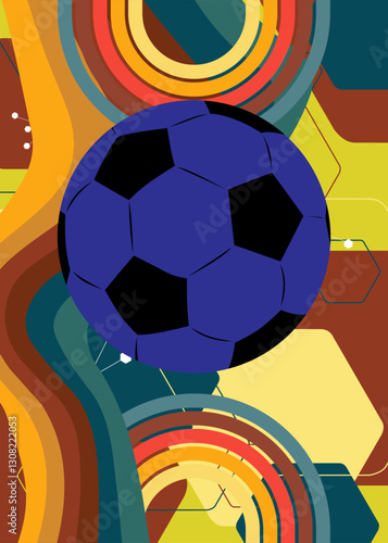 Retro 70s Background with Football Ball. Groovy Sport 1970s art template. Minimalistic Vintage design poster. Old-fashioned color artwork.