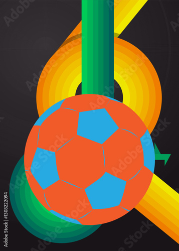 Retro 70s Background with Football Ball. Groovy Sport 1970s art template. Minimalistic Vintage design poster. Old-fashioned color artwork.