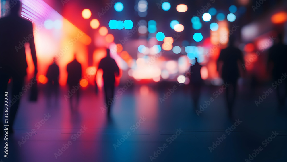 Silhouetted Figures Walking Through Colorful Neon-Lit Street in a Vibrant City at Night with Blurred Lights and Abstract Atmosphere Silhouetted Figures Walking Through Colorful Neon-Lit Street in a Vibrant City at Night with Blurred Lights and Abstract Atmosphere