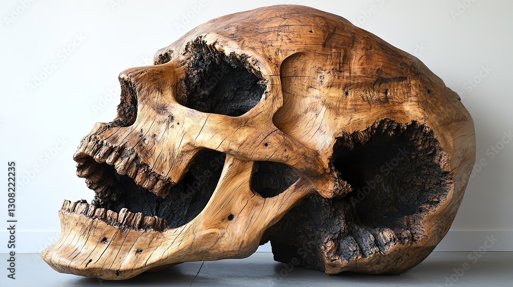 Naklejka premium Large wooden sculpture depicting the human skull side view