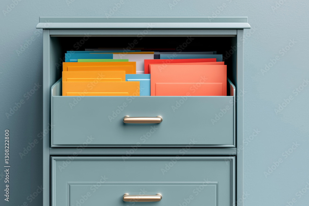 Filing cabinet stands, filled with colorful documents, suggesting organized tasks Filing cabinet stands, filled with colorful documents, suggesting organized tasks