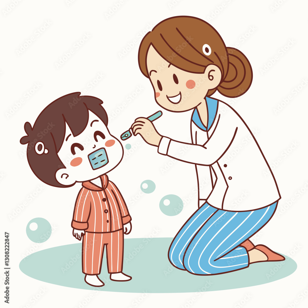 Cartoon medical scene of female doctor examining a child with tongue depressor Cartoon medical scene of female doctor examining a child with tongue depressor