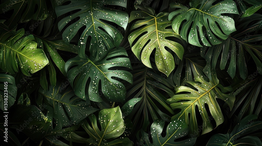 Fototapeta premium Lush green tropical leaves with water droplets.