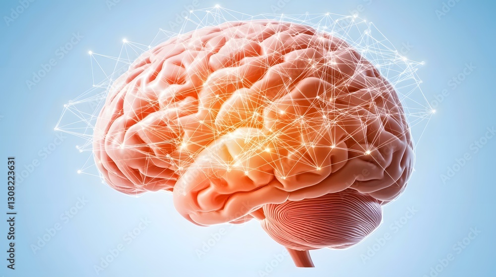 The image shows a 3D model of a human brain with a network of glowing lines connecting different areas, highlighting the complex neural connections within the brain. The image shows a 3D model of a human brain with a network of glowing lines connecting different areas, highlighting the complex neural connections within the brain.