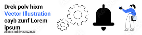 Person interacts with objects, including gear symbols, notification bell, and typography. Ideal for technology, teamwork, automation, development, notifications communication flat landing page