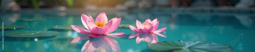 Beautiful blossoms adrift in serene colored pool, floating, pool, serene