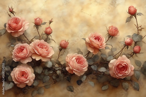 Roses bloom on textured golden background