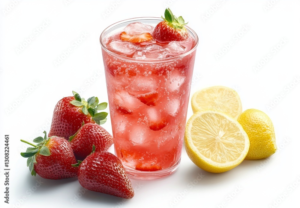 Strawberry lemonade with ice and strawberries and lemon on white background Strawberry lemonade with ice and strawberries and lemon on white background