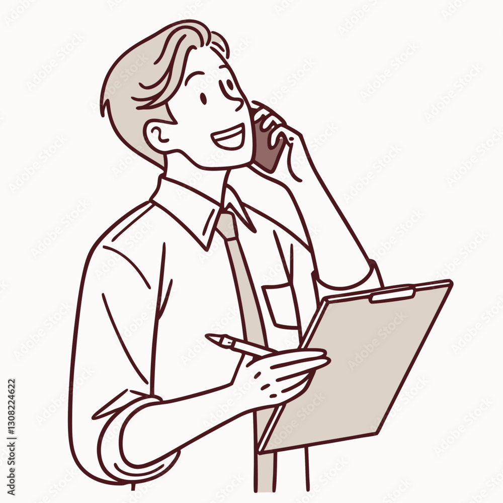 Line art illustration of a professional worker on phone with clipboard Line art illustration of a professional worker on phone with clipboard