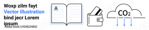 Text block, open book with letter A, wallet with cards, and CO2 cloud diagram with arrows. Ideal for education, finance, climate change awareness, sustainability, environmental studies learning