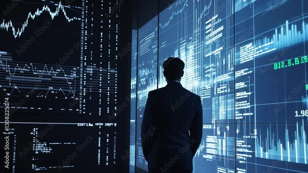 Analyst Examining Financial Data on Interactive Screens in Modern Control Room