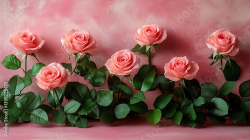 Roses bloom row against pink painted background