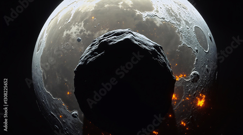Asteroid impacting Moon's Mare Imbrium, intense lighting, glowing fragments