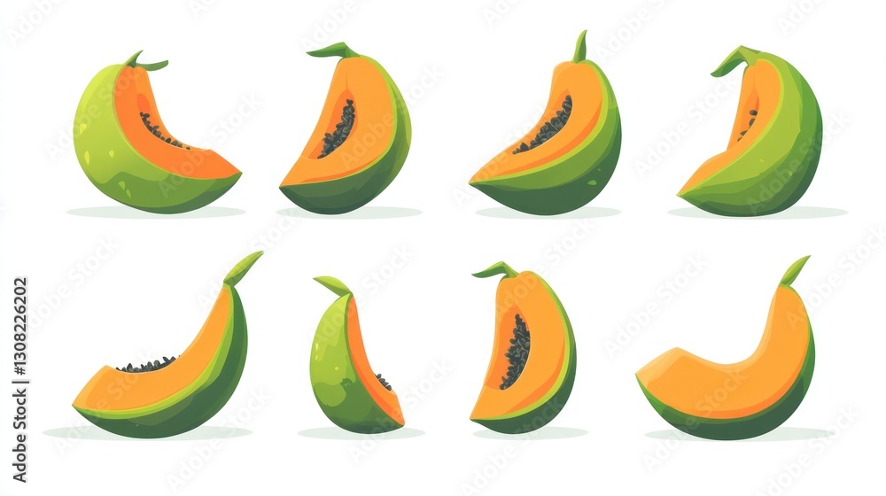 Cartoon papaya slices various views Cartoon papaya slices various views