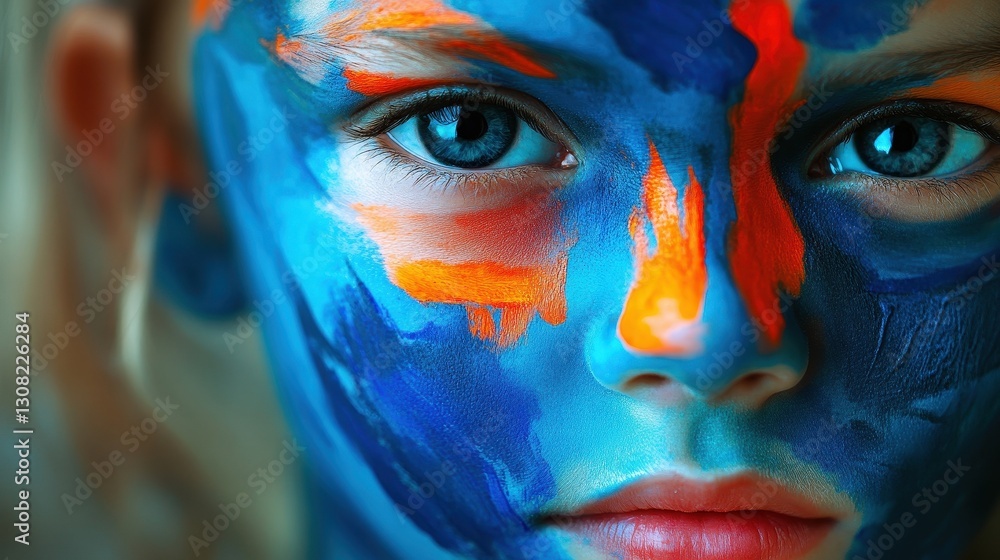 Abstract Face Paint Child s Portrait Blue Orange Colors Abstract Face Paint Child s Portrait Blue Orange Colors