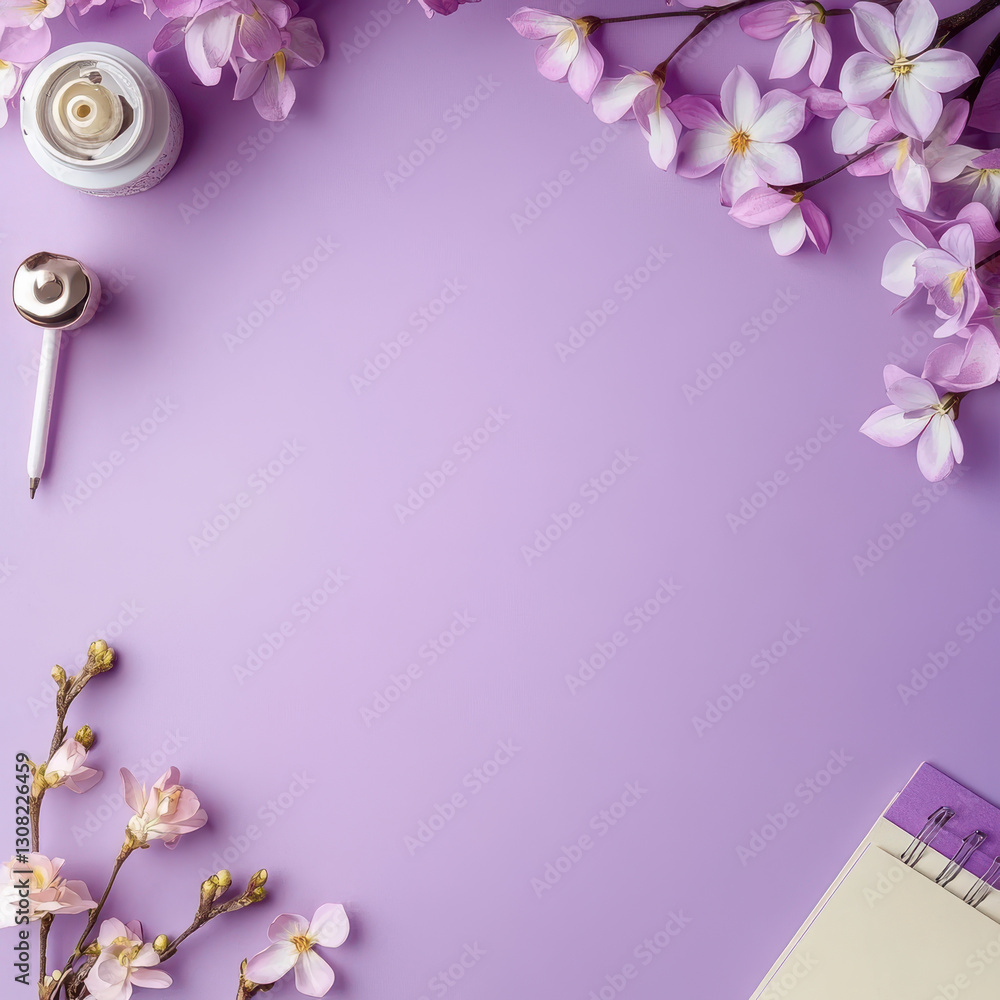 serene flat lay featuring pink flowers, pen, notebook, and cream on soft purple background, creating calming and aesthetic workspace serene flat lay featuring pink flowers, pen, notebook, and cream on soft purple background, creating calming and aesthetic workspace