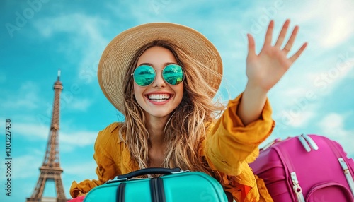 Parisian Adventure: A cheerful woman in sunglasses and a stylish hat waves hello with the Eiffel Tower and luggage hinting at travel and wanderlust.