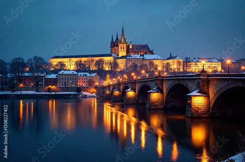 Wallpaper Mural Generate an AI photo of Prague's Charles Bridge and National Theatre, over the Vltava River in winter, featuring long exposure lighting at night.  Focus on depth of field, a cold, atmospheric mood, dr Torontodigital.ca