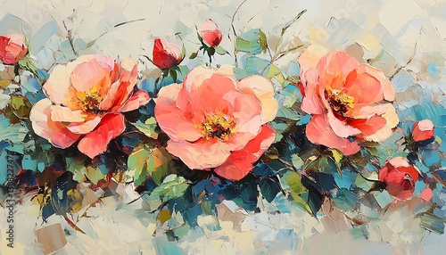 Roses bloom softly on light texture surface