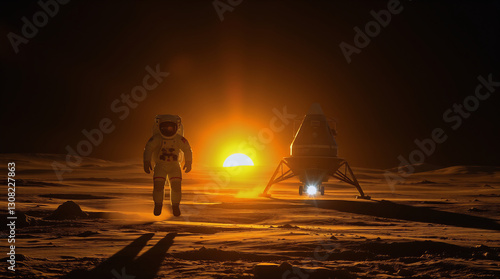 Luxurious golden glow, astronauts departing moon base, spacecraft engines, lunar horizon