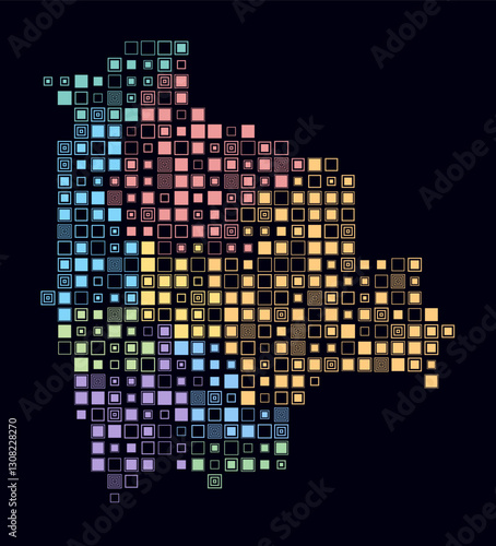 Bolivia, shape of the country build of colored cells. Digital style map of the Bolivia on dark background. Large size square blocks. Beautiful vector illustration.