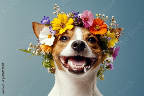 Cute baby dog jack russell terrier wearing free flower crown on its head. Sunny daylight. Holiday season happiness. Gentle summer breeze on a dogâ€™s fur. Dog with flowers in fur. photo