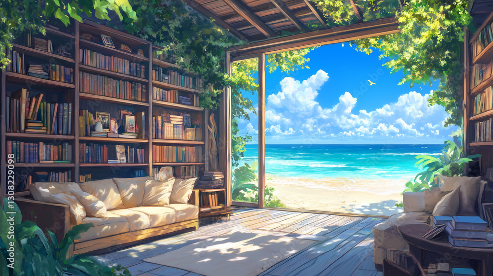 Fototapeta premium Sunlit Beach Library with Ocean View and Bookshelves