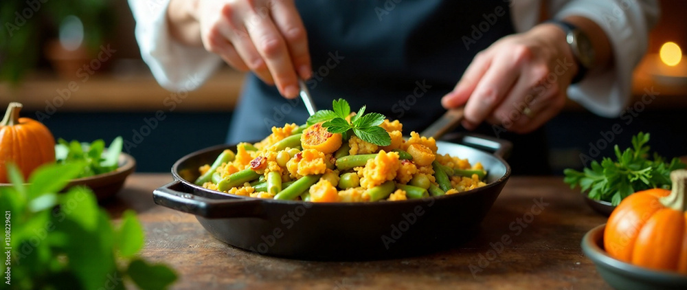 A chef meticulously preparing a vibrant green bean casserole dish for Thanksgiving. Focus on the detailed preparation, rich colors, and a celebratory mood. High-key lighting, warm ambiance, and a pr A chef meticulously preparing a vibrant green bean casserole dish for Thanksgiving. Focus on the detailed preparation, rich colors, and a celebratory mood. High-key lighting, warm ambiance, and a pr