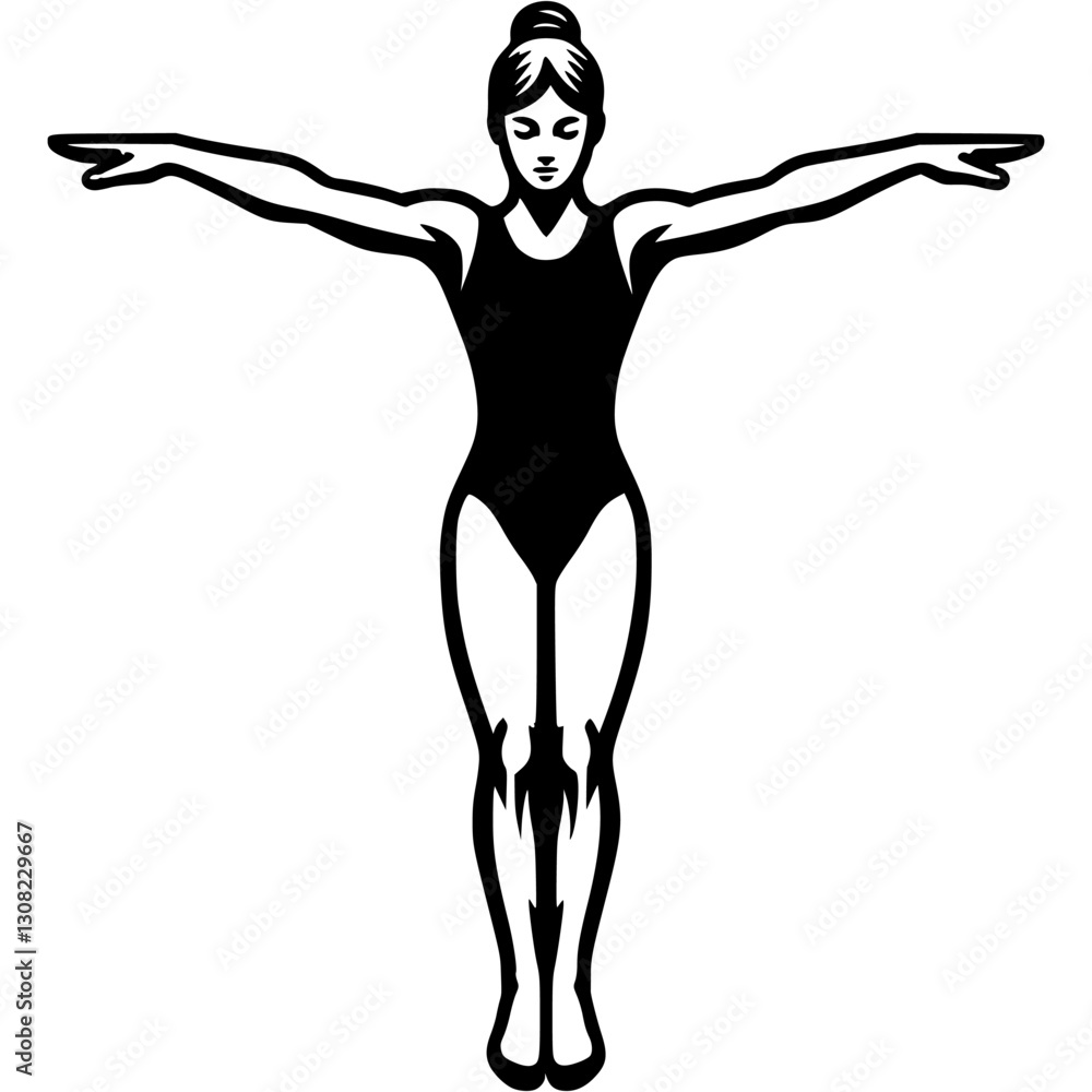 Sport emblem of girl gymnast in initial position before performing exercise in monochrome. Engraving minimalistic vector in black ink drawing on transparent background Sport emblem of girl gymnast in initial position before performing exercise in monochrome. Engraving minimalistic vector in black ink drawing on transparent background