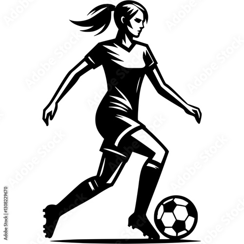 Sport emblem of female soccer player runs and dribbles ball in front of her in monochrome. Engraving minimalistic vector in black ink drawing on transparent background