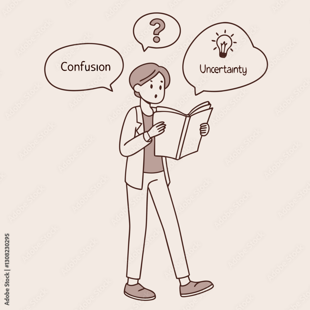Illustration of a man reading with thoughts of confusion and uncertainty Illustration of a man reading with thoughts of confusion and uncertainty