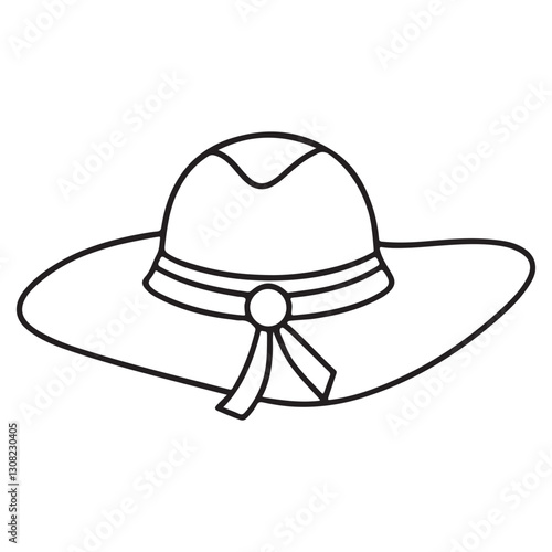continuous one single black line art doodle drawing of sun hat with a ribbon bow summer concept illustration