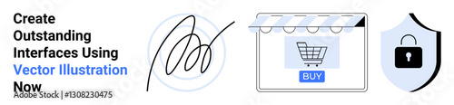 Shopping cart under a store canopy, shield with padlock for security, digital signature for authenticity. Ideal for online retail, payment security, digital marketing, e-commerce platforms