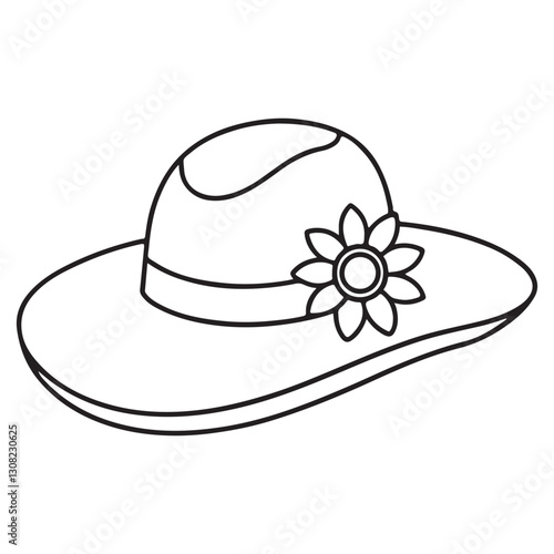 continuous one single black line art doodle drawing of sun hat with a ribbon bow summer concept illustration